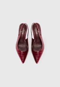 Pár tmavočervených slingback topánok na vysokom opätku s nasadeným špicatým prstom a krokodílovou textúrou, so zlatými prackami na bielom pozadí.