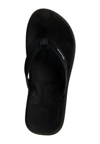 Zwarte flip-flop van rubber, met een gestructureerde band en voetbed met contourvormen. Eenvoudig ontwerp, zonder extra accenten.