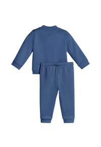 Felpa blu in pile con maniche lunghe e pantaloni jogger coordinati. Entrambi i capi presentano polsini elasticizzati e una texture liscia e morbida.