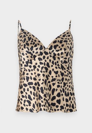 Kamelfarvet og sort leopardmønstret camisole i satin, med V-halsdesign, tynde skulderstropper, en svævende kant og subtilt branddetalje.