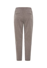 Pantalon rayé marron et beige avec une taille élastique et deux poches arrière passepoilées, présenté de dos sur fond blanc.