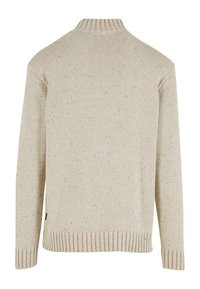 Beige strikket sweater med ribbet krave og kant, prydet med et struktureret mønster med strejf af mørkere nuancer. Baghjulsvisning.