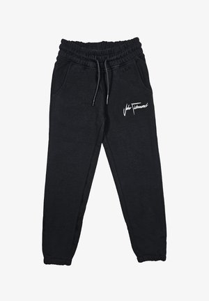 Pantaloni della tuta neri realizzati in un tessuto morbido, con vita elasticizzata, cordino, tasche laterali e un accento logo bianco sulla coscia sinistra.