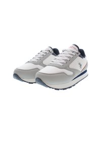 Zapatillas deportivas grises y blancas con un upper texturizado, cierre de cordones, acentos azules en la suela y un pequeño logo en el lateral.