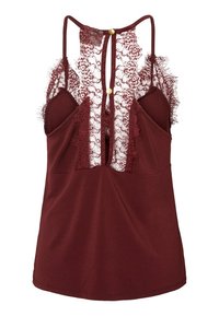 Camisole bordeaux avec détails en dentelle sur les épaules et le dos. Présente une ouverture en forme de trou de serrure et des boutons dorés en accents. Tissu doux, coupe ajustée.