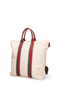 Borsa in pelle bianca con strisce rosse e verdi, dotata di doppi manici e chiusura con zip. Design compatto e minimalista con una texture liscia.