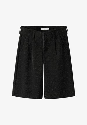 svarte shorts laget av teksturert stoff med et spraglete mønster. Har sidelommer og en snor i midjen for justerbar passform.