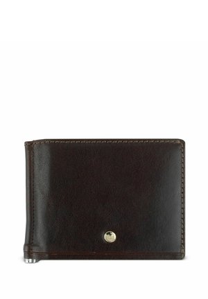 Dark brown leather wallet with a smooth texture, stitched edges, and a gold emblem. Features a compact, bi-fold design for cards and cash.