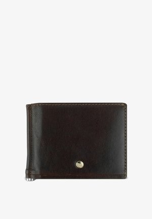 Dunkelbraune Lederbörse mit glatter Oberfläche, gesteppten Kanten und einem goldenen Emblem. Sie verfügt über ein kompaktes, klappbares Design für Karten und Bargeld.