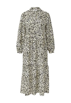 Leopardenmuster Kleid in Beige und Schwarz, mit Kragen, langen Ärmeln und einem gestuften Rock. Hergestellt aus leichtem Stoff.