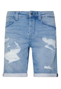 Shorts de denim azul claro con detalles deshilachados, puños enrollados y parches desgastados. Presenta un diseño clásico de cinco bolsillos y cierre de botón.