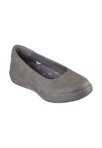 Bailarinas de ante gris con punta redonda, superficie texturizada y un interior acolchado con patrón floral. Suela de goma ligera para mayor comodidad.