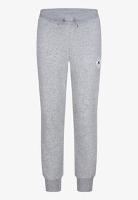Grå joggebukser laget av myk bomullsblanding, med snøring i livet og ribbestrikkede mansjetter. Inkluderer en sirkulær logo på låret.