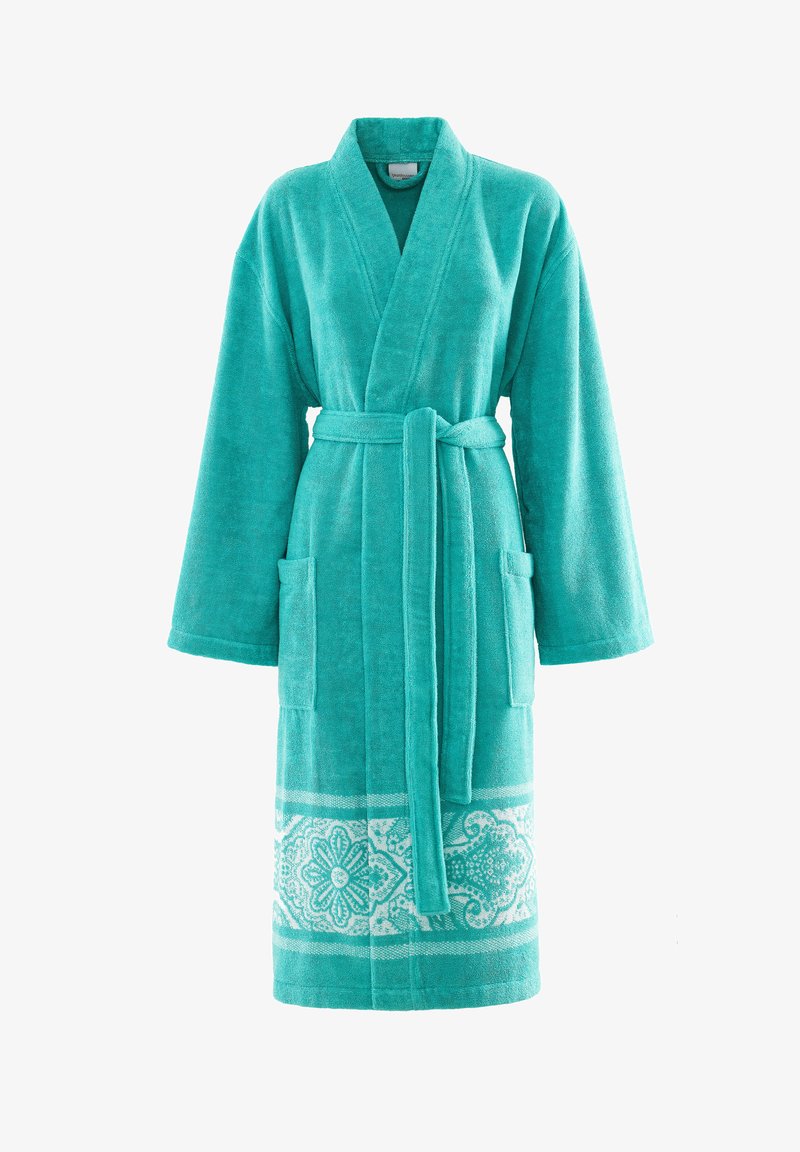 Turquoise terry cloth bathrobe with long sleeves, a belted waist, two front pockets, and a decorative white patterned border at the hem.