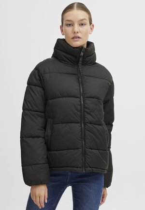 Doudoune noire avec un col montant, un design matelassé et une fermeture éclair sur le devant. Le tissu semble lisse et isolé pour rester au chaud.