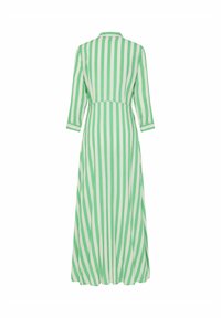 Zelena in bela striped dolga obleka s kratkimi rokavi, ovratnikom in oprijetim pasom. Gladka tekstura in tekoča silhueta.