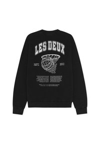 Μαύρο φούτερ με ριμπ μανσέτες και τελείωμα. Φέρει μεγάλο λευκό κείμενο «LES DEUX» και γραφικό πλέγμα μπάσκετ στην πλάτη. Κείμε νο από κάτω τυπωμένο.