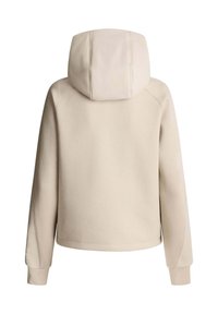 Beige kapuutsiga sviiter mugava lõikega. Omab sujuvat disaini ning soonikute ääriseid, valmistatud pehmest ja siledast kangast. Ükski riistvara ei ole nähtav.