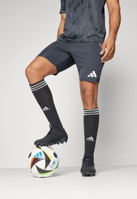 Maglietta atletica grigia con un motivo testurizzato, abbinata a pantaloni corti grigi e calze nere alte fino al ginocchio con strisce bianche. Scarpe da calcio nere e un pallone da calcio multicolore.