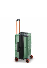 Valigia rigida verde con zip nera, manico estensibile arancione e quattro ruote arancioni. Presenta un design testurizzato per una migliore presa.