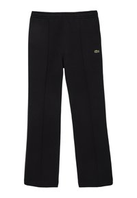 Pantalones de chándal negros con cinturilla elástica, diseño de pierna recta, detalles de costura sutiles y un pequeño logo verde como acento.