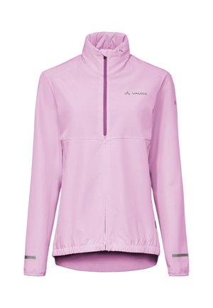 Lichtpaarse lange mouwen jas met hoge kraag, ritssluiting aan de voorkant, elastische zoom, reflecterende strepen op de manchetten en "Vaude" logo op de borst en mouw.