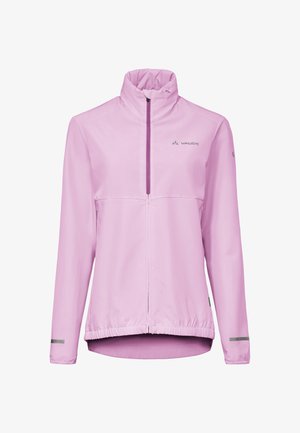 Lichtpaarse lange mouwen jas met hoge kraag, ritssluiting aan de voorkant, elastische zoom, reflecterende strepen op de manchetten en "Vaude" logo op de borst en mouw.