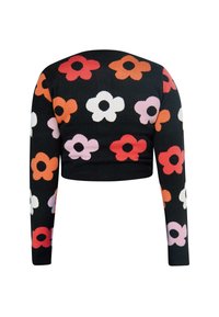 Juoda trumpa megztinis su ilgomis rankovėmis ir gėlių raštu raudonos, rožinės, oranžinės ir baltos spalvų. Mezginys su raukšlėmis ant rankovių.