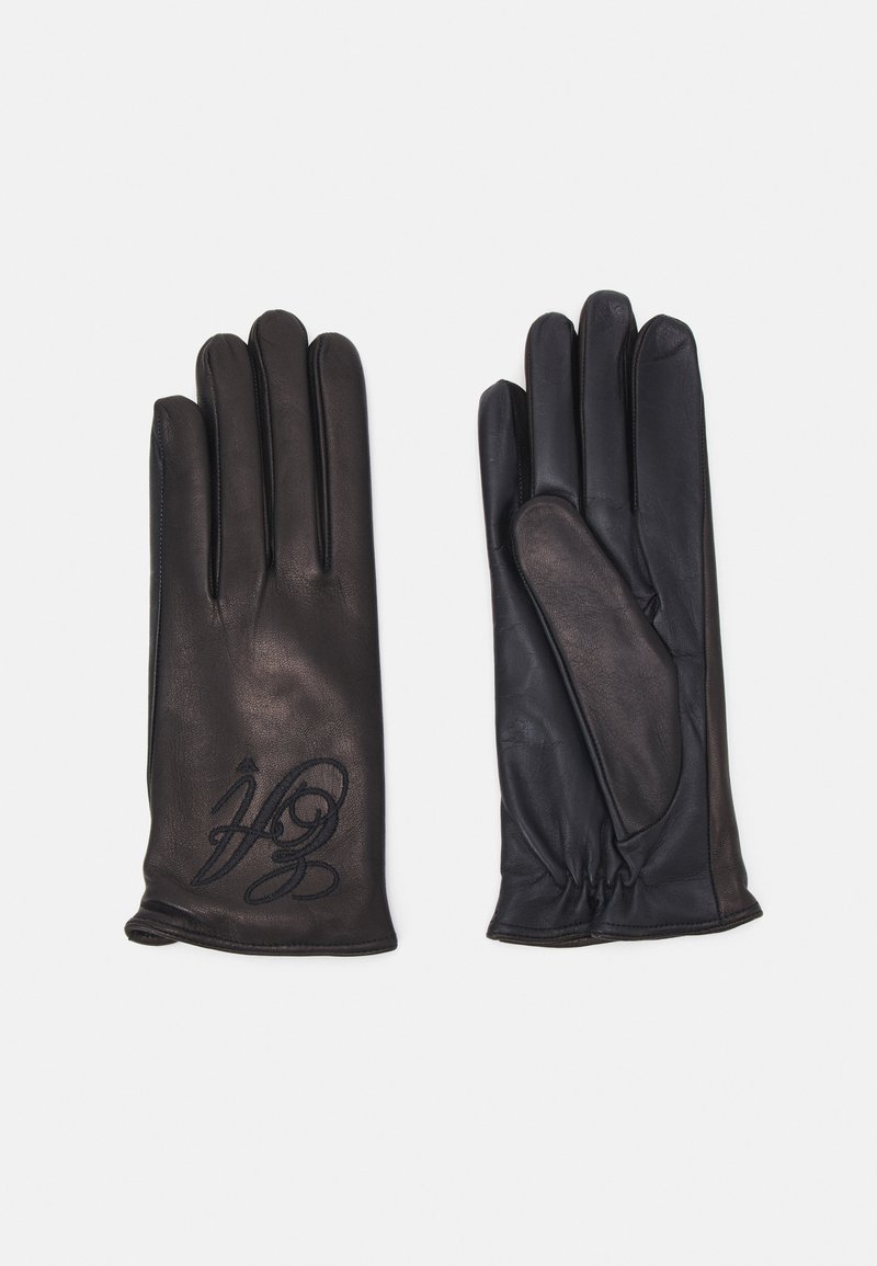 Black leather gloves with five fingers, featuring a smooth texture and an embroidered logo on one glove. Classic, form-fitting design.
