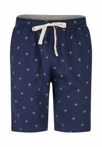 Navy blue shorts made of cotton with a grey waistband. Features small green palm tree patterns and a drawstring with cream accents.