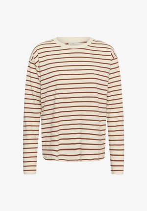 Krēmkrāsas krekls ar garām piedurknēm, ar horizontālām brūnām svītrām, apaļu kakla izgriezumu un brīvu piegriezumu.