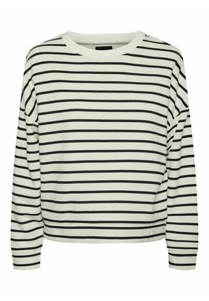 Cream-colored long-sleeve top featuring horizontal black stripes, a ribbed crew neckline, and a slightly cropped hem with fitted cuffs.