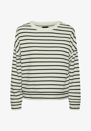 Haut crème à manches longues avec des rayures noires horizontales, un col rond en maille côtelée et un ourlet légèrement court avec des poignets ajustés.