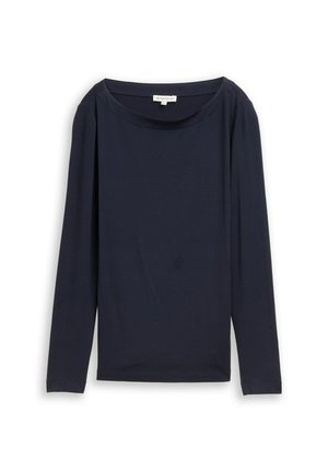Maglietta a maniche lunghe blu navy con ampio scollo rotondo, in morbido cotone, e pieghe sottili sulle spalle per un tocco di eleganza.