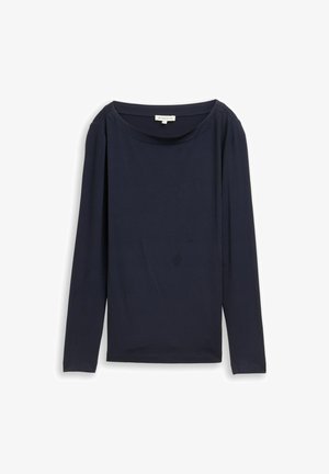 Mornarsko temno modra dolgrokavna majica z širokim okroglim izrezom, gladkim bombažnim materialom in diskretnimi naborki na ramenih za dodatne podrobnosti.