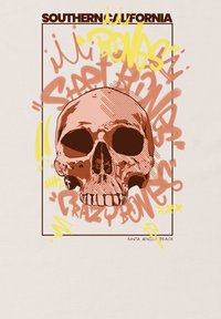 Grafický tričko s ilustrací hnědé lebky a žlutými a růžovými graffiti akcenty na světle krémovém pozadí. Text: "Jižní Kalifornie."