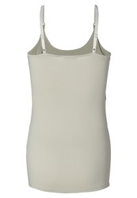 Lichtgrijze tanktop met verstelbare spaghettibandjes, gestroomlijnd ontwerp, zachte textuur en een ronde zoom. Geen patronen of accenten zichtbaar.