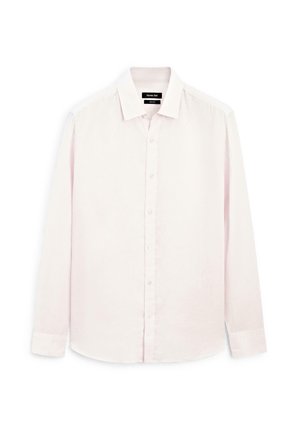 Light pink long-sleeve shirt made of a soft, textured fabric. Features a classic collar and button-down front with matching buttons.