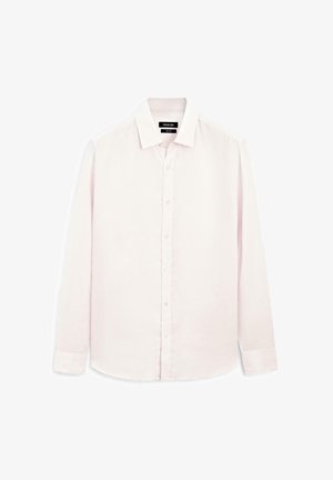 Camicia a maniche lunghe rosa chiaro realizzata in un tessuto morbido e testurizzato. Presenta un colletto classico e un davanti con bottoni abbinati.