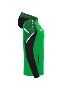 Grüne Sportjacke mit Kapuze, schwarzen Ärmeln und gemusterten Akzenten auf der Schulter; aus leichtem, atmungsaktivem Stoff gefertigt.