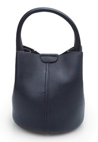 Navy leather bucket bag with a textured finish, rounded handles, a top flap closure, and a central seam detail. Compact and structured design.