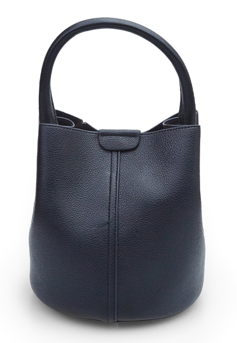 Navy leather bucket bag with a textured finish, rounded handles, a top flap closure, and a central seam detail. Compact and structured design.