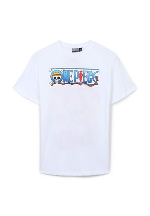 T-shirt bianca in cotone con un grafico colorato di "One Piece" che presenta un scheletro e ossa, maniche corte e una vestibilità rilassata.