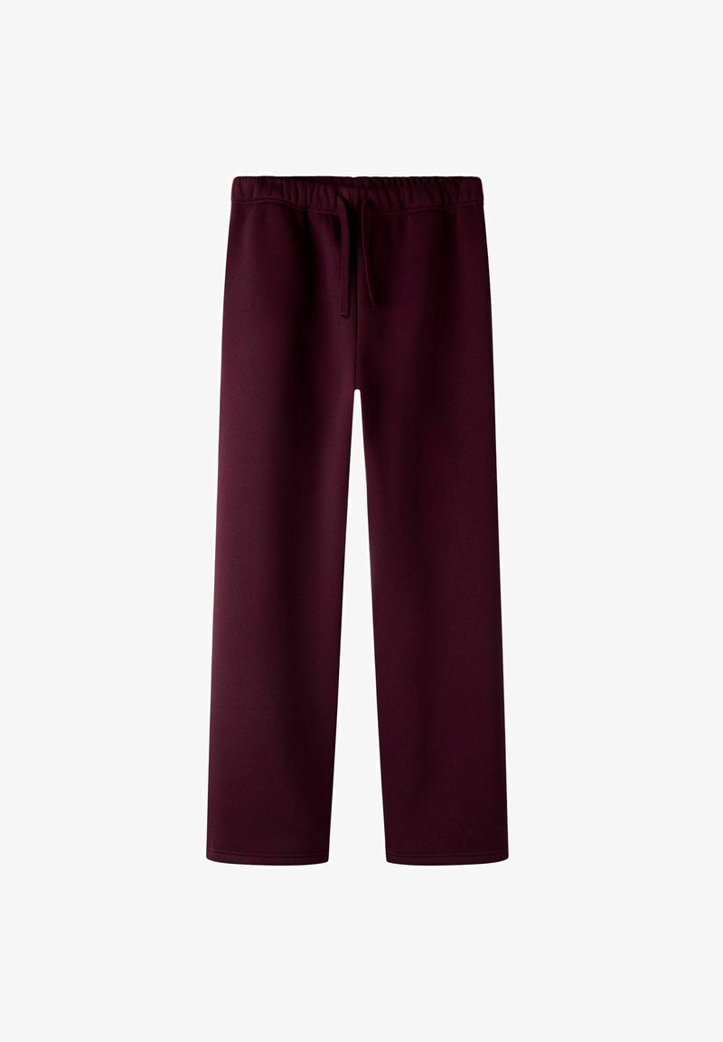 Burgundy sweatpants med elastisk talje, snøre detaljer, lige ben design og blød stof tekstur. Ingen synlige lommer.