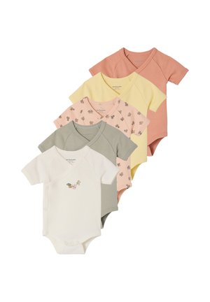 Five short-sleeve baby bodysuits in muted rose, pale yellow, pink with floral print, sage green, and white with small floral embroidery.