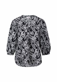 Zwarte blouse met wit paisleypatroon, V-hals en driekwart pofmouwen. Zachte stof met een iets gestructureerde afwerking.
