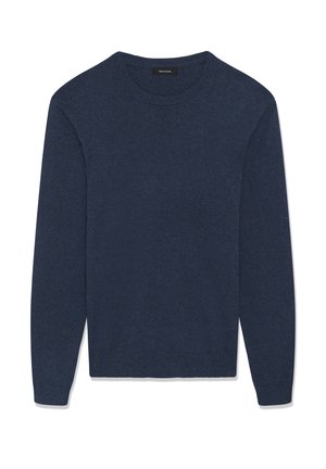 Suéter de cuello redondo de manga larga en azul marino con puños y cintura acanalados, visto desde arriba sobre fondo blanco.