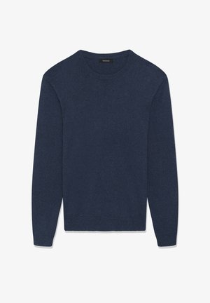 Navy blue long-sleeve crew neck sweater with ribbed cuffs and waistband, flat-lay on white background.