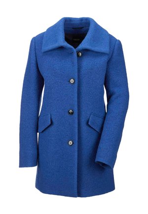 Blue wool coat featuring a collar, four front buttons, two side pockets, and a textured finish.