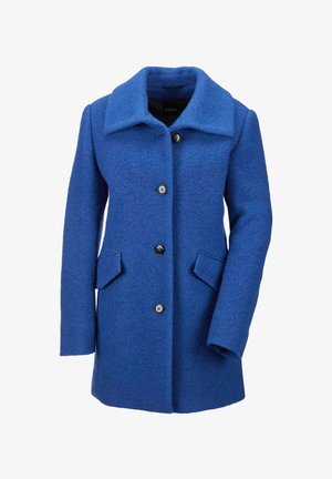 Blauwe wollen jas met een kraag, vier knopen aan de voorkant, twee zijzakken en een gestructureerde afwerking.
